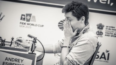 Russian grandmaster Andrey Esipenko reacts after a game-deciding blunder in the semi-final at the FIDE World Cup. (PHOTO: Michal Walusza via FIDE)