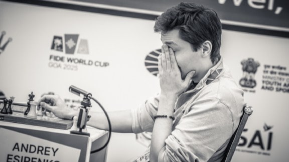 Russian grandmaster Andrey Esipenko reacts after a game-deciding blunder in the semi-final at the FIDE World Cup. (PHOTO: Michal Walusza via FIDE)