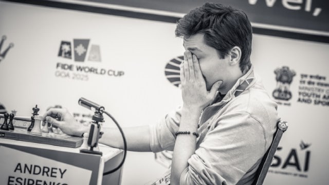 Russian grandmaster Andrey Esipenko reacts after a game-deciding blunder in the semi-final at the FIDE World Cup. (PHOTO: Michal Walusza via FIDE)