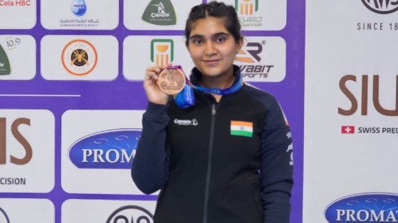 Indian shooter Esha Singh poses with her medal. (Special arrangement)
