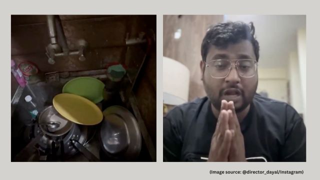 The viral video shows clothes scattered all over the room, an unmopped floor with stains, and utensils and cookware sitting in the sink
