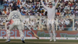 South African spinner Simon Harmer appealing for a wicket in Kolkata against India. (Express Photo by Partha Paul)