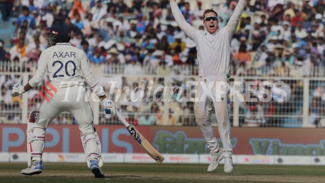 South African spinner Simon Harmer appealing for a wicket in Kolkata against India. (Express Photo by Partha Paul)
