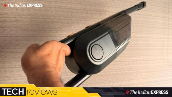 The Coinsucker Pro offers adequate suction, able to suck dust from my living room blinds and from behind the TV. In minutes, the white HEPA filter was enveloped in a layer of grey NCR dust. (Image: The Indian Express/ Nandagopal Rajan)