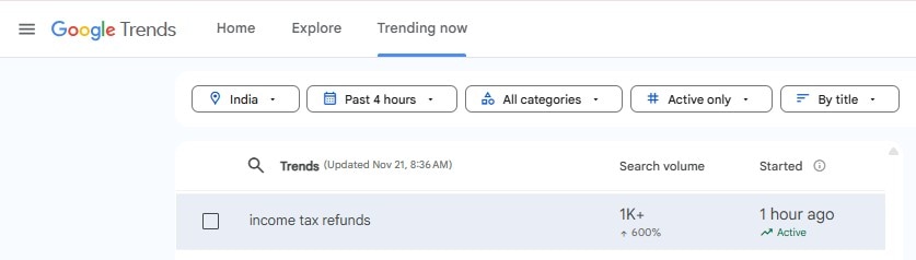 'income tax refunds' is rising keyword on Google Search Trends as taxpayers await their refund. (Screenshot)