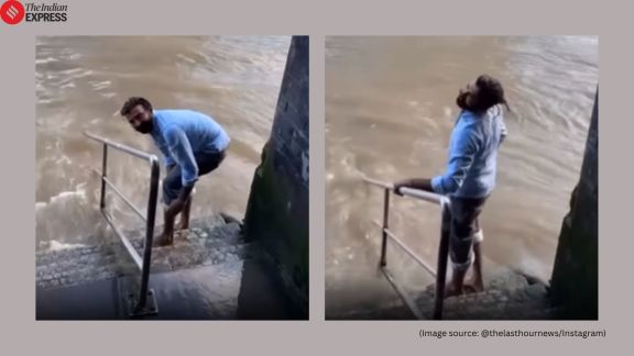 Indian man washes feet in London Thames River