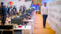 Karthik Venkataraman walks in the playing hall during his third round clash at the FIDE World Cup in Goa. (PHOTO: FIDE via Michal Walusza)