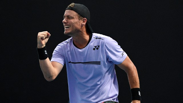 File image of Australia's Lleyton Hewitt celebrating with compatriot John-Patrick Smith during their first round doubles match at the Australian Open in 2019. (AP Photo)