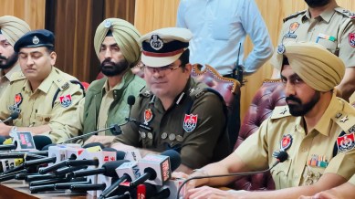 Ludhiana police commissioner Swapan Sharma addressing a press conference in Ludhiana, Thursday