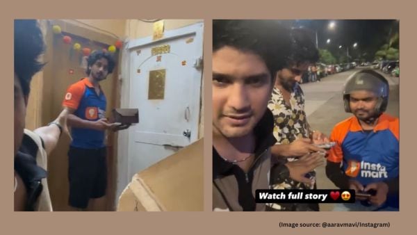 The delivery partner agrees, and the man quickly changes into the uniform before heading to his girlfriend’s apartment (Image source: @aaravmavi/Instagram)