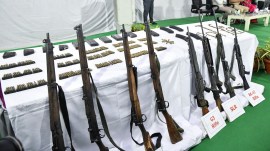 Recovered items on display at the media conference at DGP office Maoist surrenders continue, Hyderabad, Hyderabad Maoist surrenders continue, Telangana Maoist surrenders continue, Indian express news, current affairs