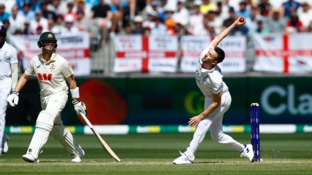 England pacer Mark Wood in action during first Ashes Test against Australia at Perth. (PHOTO: AP)
