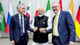 Prime Minister Narendra Modi meets Australian Prime Minister Anthony Albanese and Canadian Prime Minister Mark Carney, on the sidelines of G20 Summit, in Johannesburg on Saturday. (X/@narendramodi)