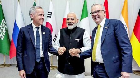 Prime Minister Narendra Modi meets Australian Prime Minister Anthony Albanese and Canadian Prime Minister Mark Carney, on the sidelines of G20 Summit, in Johannesburg on Saturday. (X/@narendramodi)