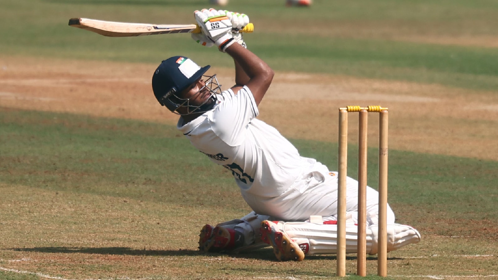 Musheer Khan plays a shot in the Ranji Trophy game between Mumbai and Puducherry. (Express Photo by Amit Chakravarty)
