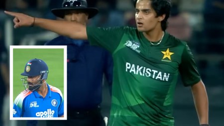India's Naman Dhir (inset) was given an angry finger-pointing send off by Pakistan bowler Saad Masood, who was quickly warned by the umpires. (Screengrab via ACC YouTube)