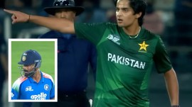 India's Naman Dhir (inset) was given an angry finger-pointing send off by Pakistan bowler Saad Masood, who was quickly warned by the umpires. (Screengrab via ACC YouTube)