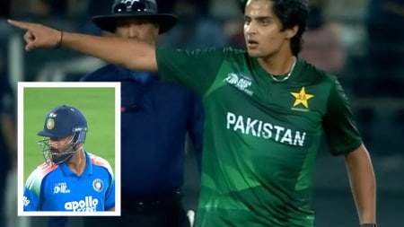 India's Naman Dhir (inset) was given an angry finger-pointing send off by Pakistan bowler Saad Masood, who was quickly warned by the umpires. (Screengrab via ACC YouTube)