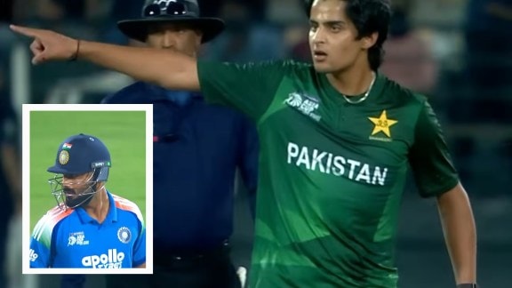 India's Naman Dhir (inset) was given an angry finger-pointing send off by Pakistan bowler Saad Masood, who was quickly warned by the umpires. (Screengrab via ACC YouTube)