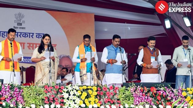 Shreyasi Singh, former Olympic shooter, is sworn in as a minister in the new Bihar government, joining BJP leaders Mangal Pandey, Ram Kripal Yadav and Sanjay Singh ‘Tiger’ who also took oath today