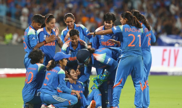 Team India celebrate the wicket of SA captain Laura Wolvaardt in the Women's World Cup final. (Express Photo by Narendra Vaskar)
