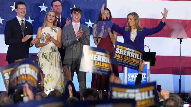 New Jersey Democratic Gov. elect Mikie Sherrill speaks during an election night party in East Brunswick, N.J., Tuesday, Nov. 4, 2025. (AP Photo/Matt Rourke)