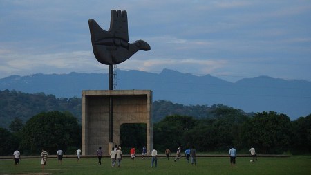 The Open Hand Monument — Chandigarh’s iconic symbol, designed by Le Corbusier to represent peace, unity, and the spirit of giving and receiving. (Express Photo)