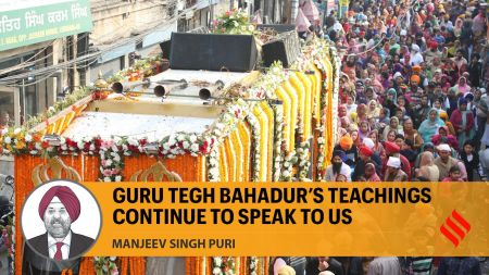 Devotees participate in the procession, commemorating the 350th martyrdom anniversary of Shri Guru Tegh Bahadur Sahib Ji. (Express Photo)