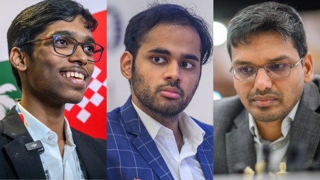 Indian GM R. Praggnanandhaa, Arjun Erigaisi and P. Harikrishna in action during FIDE Chess World Cup 2025 in Goa. (PHOTO: FIDE/Michal Walusza)