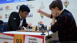 India's R. Praggnanandhaa in action against Russia's Daniil Dubov in World Cup 2025. (PHOTO: FIDE/Eteri Kublashvili)
