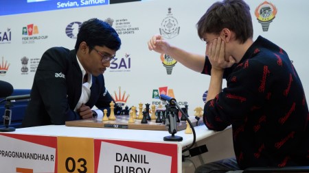 India's R. Praggnanandhaa in action against Russia's Daniil Dubov in World Cup 2025. (PHOTO: FIDE/Eteri Kublashvili)