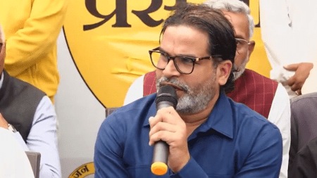 Prashant Kishor addresses a press conference on Tuesday.