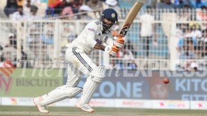 In both innings at Eden Gardens, India's Ravindra Jadeja fell leg before the wicket to Harmer. Both times, he was guilty of playing with the bat behind the pad. (Express Photo by Partha Paul)