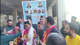 Pacer Renuka Singh Thakur, her mother Sunita Thakur being facilitated by members of Gram Panchayat Parsa. (Express Photo)