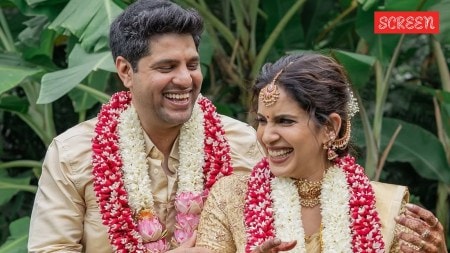 While Samyuktha Shanmughanathan wore a gold-coloured saree with temple jewellery for the occasion, Anirudha Srikkanth was spotted sort of twinning with her in a gold-shaded shirt and dhoti.