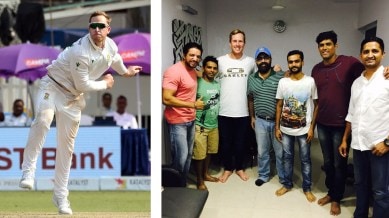 (LEFT) South Africa's Simon Harmer in action against India at Kolkata; (RIGHT) Harmer with Umesh Patwal (second from right) and their friends. (PHOTOS: Partha Paul/Indian Express and via Umesh Patwal)