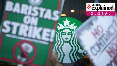 Protesters picket outside a Starbucks, Thursday, Nov. 13, 2025, in Philadelphia.