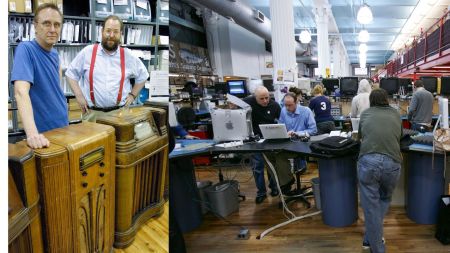 From left, Dick Demenus and David Lerner, founders of Tekserve, at the store in New York, 2002.