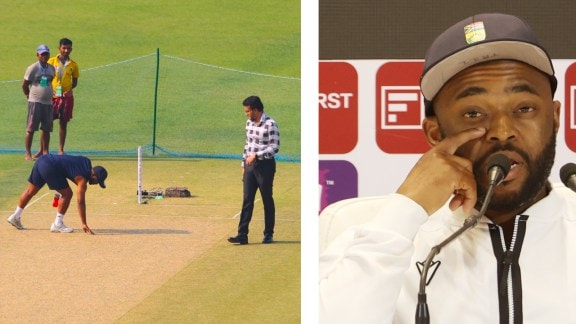 (LEFT) South Africa captain Temba Bavuma and Sourav Ganguly inspect the Eden Gardens pitch before the start of the Kolkata Test; (RIGHT) Bavuma at a press conference at Eden Gardens. (Express photos by Partha Paul)