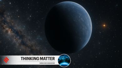 AI's rendering of the elusive Planet Nine, a distant, icy world orbiting far beyond Neptune, illuminated by the faint light of the distant Sun and set against the star-filled backdrop of the outer solar system. (Image: DALLE)