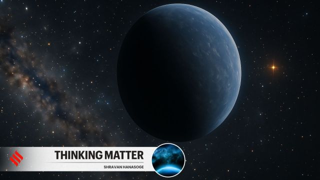 AI's rendering of the elusive Planet Nine, a distant, icy world orbiting far beyond Neptune, illuminated by the faint light of the distant Sun and set against the star-filled backdrop of the outer solar system. (Image: DALLE)