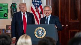 President Donald Trump with Jensen Huang, chief executive of Nvidia, at a news conference where it was announced Nvidia and its suppliers would invest $500 billion at the White House in Washington, April 30, 2025. Over the last 10 months, President Trump has become close with Jensen Huang, Nvidia’s chief executive, as the company’s chips have become a tool in trade and peace talks. (Pete Marovich/The New York Times)