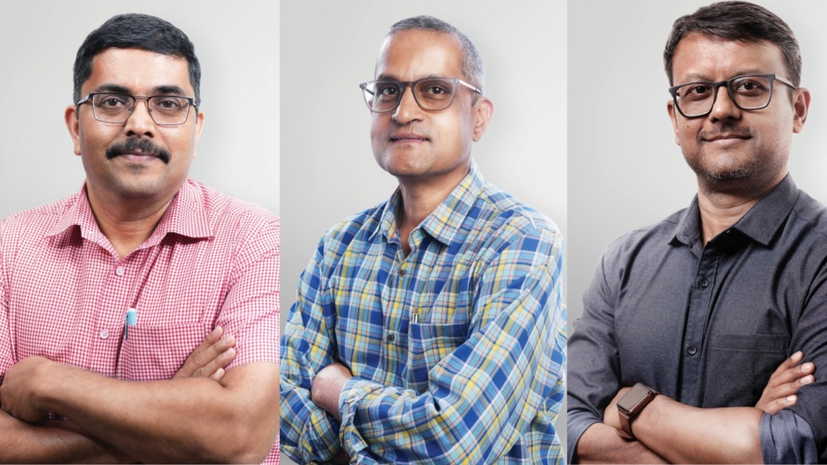 Tata prize 1: PV Shivaprasad, prize 2: B Gopal, and prize 3: Ambarish Ghosh (left to right). (Express Photo)