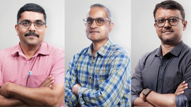 Tata prize 1: PV Shivaprasad, prize 2: B Gopal, and prize 3: Ambarish Ghosh (left to right). (Express Photo)