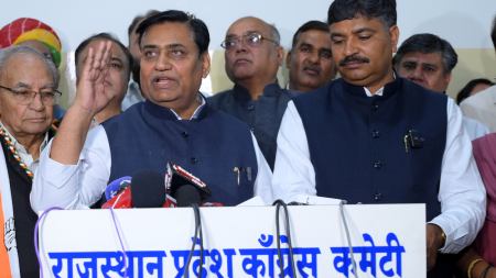 Rajasthan Congress President Govind Singh Dotasra and Leader of Opposition Tikaram Jully address the media after the party’s victory in a Rajasthan Assembly bypoll at the Congress headquarters in Jaipur.