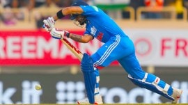 India's Virat Kohli plays a shot during the first One Day International match between India and South Africa in Ranchi, India, Sunday, Nov. 30, 2025. (AP Photo)