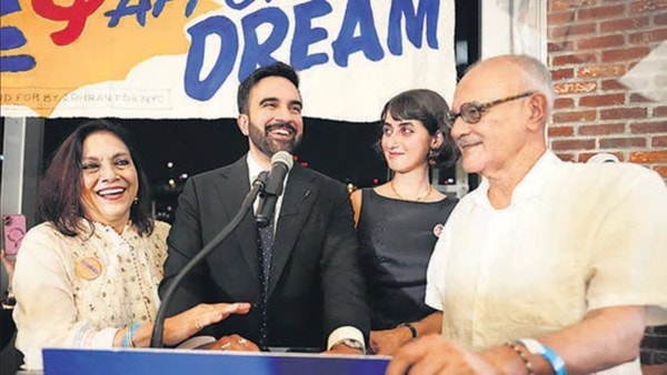 Zohran Mamdani celebrating his primary election victory in New York, joined by his parents. Renowned scholar and Columbia University professor Mahmood Mamdani and Oscar-nominated filmmaker Mira Nair, and his wife, Rama Duwaji.
