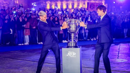 Sinner and Alcaraz practiced together ahead of the ATP Finals in Turin. (AP Photo)