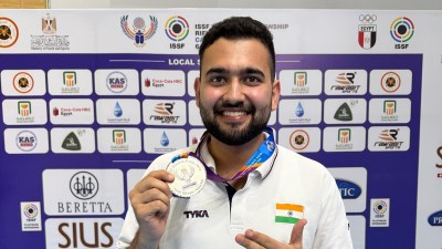 Anish Bhanwala after winning the silver medal in ISSF World Championships in Cairo. (Image via Special Arrangement)