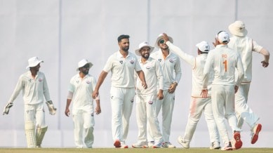 Auqib Nabi shaped one at the perfect Test length, getting the ball to move away from the right-handed Hrithik Shokeen late and catching his glove. (Express Photo by Praveen Khanna)